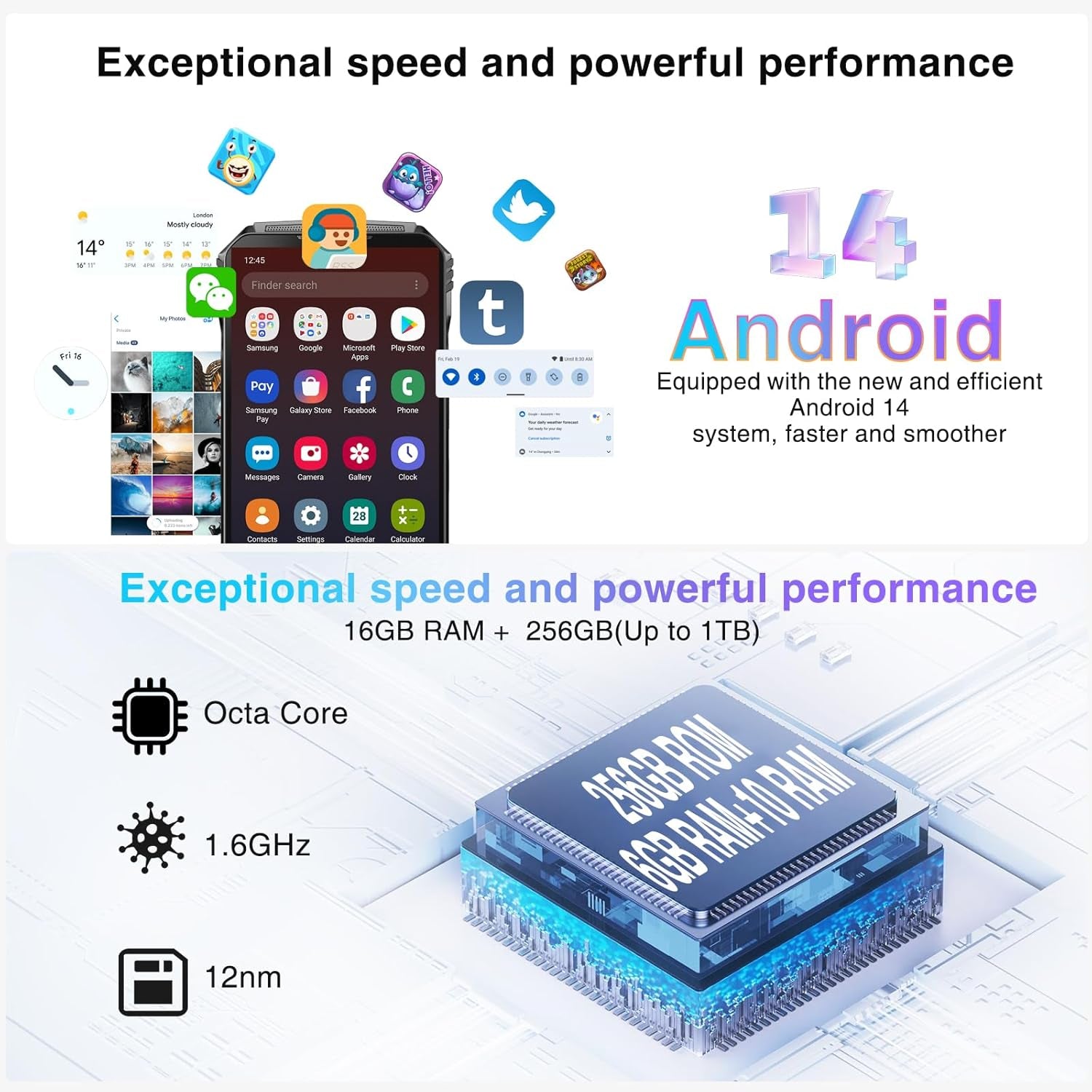 S Punk Rugged Smartphone Unlocked, 10800Mah Battery Rugged Phone, 16GB+256GB Cell Phone Android 14, 126Db Speaker, 6.58" Fhd+90Hz,50Mp+16Mp,Led Light/Dual Sim/Nfc/Otg/Face Id/Fingerprint, Dark