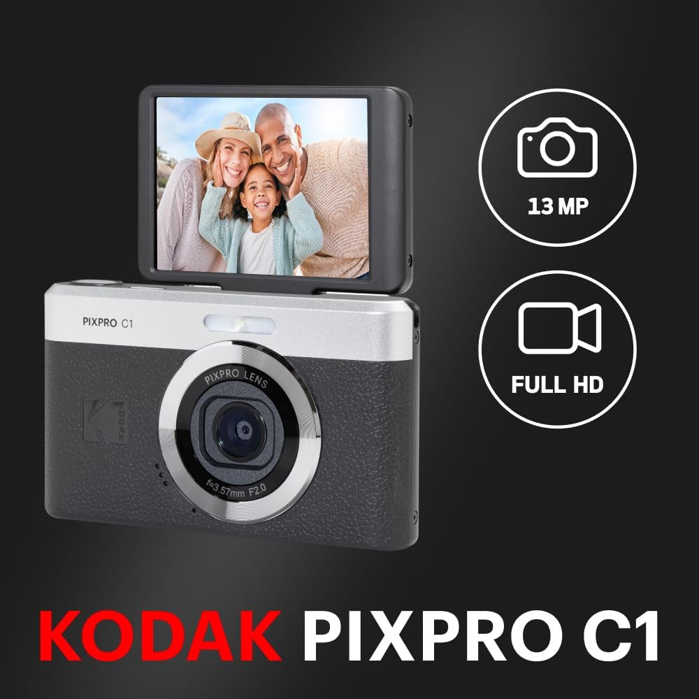 PIXPRO C1 Friendly Zoom Digital Camera - 13MP Compact Point and Shoot with 2.8” 180° Tilt LCD Flip Screen, Retro Vintage Design with 4X Zoom and 1080P Full HD Video for Travel, Vlogging, Black