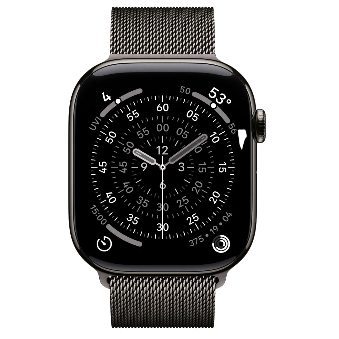 Vista frontal del Apple Watch negro con correa Milanese de acero, destacando su esfera de cronógrafo detallada y un diseño monocromático elegante y profesional.