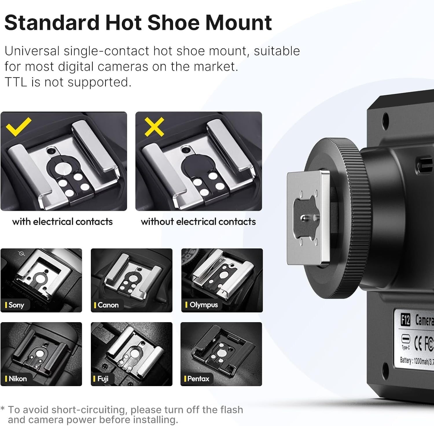 F12 Mini Flash, GN12/CCT 5600K Camera Speedlite Flash for Canon Fuji Sony Nikon Panasonic Olympus Pentax, Single Contact Universal Hot Shoe Mount Flashlight, Not Compatible with Sony ZV-1F