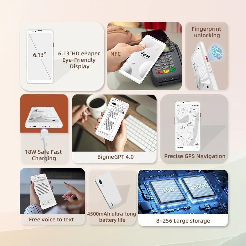 Hibreak Pro 6.13" Epaper Cell Phone 8+256 GB Android 14 OS Smart Phone,5G Dual SIM, GPS