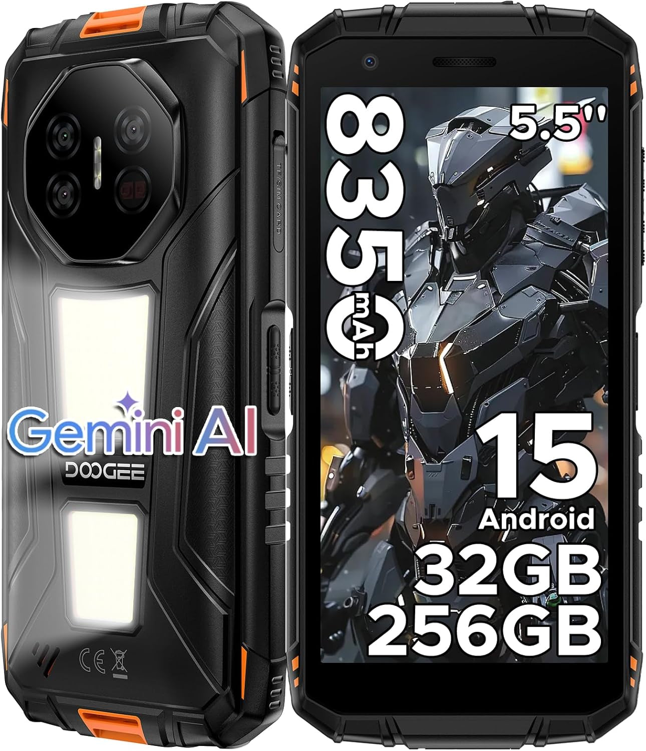 Fire 3 Max Rugged Phone Unlocked, 32GB+256GB/2TB Android 15 Rugged Smartphone, 8350Mah Battery Rugged Cell Phone with 5.5" HD Display, 48MP+20MP Night Vision, 2 Camping Lights, IP68/IP69K/GPS