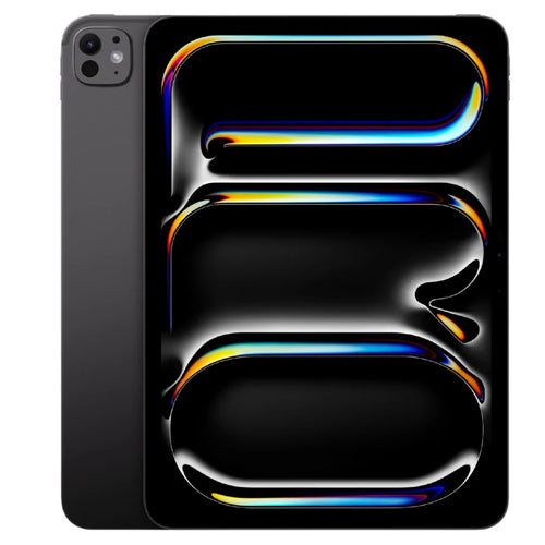 Vista frontal y trasera de iPad Pro Gris Espacial, mostrando su pantalla Liquid Retina XDR con fondo abstracto y sistema de triple cámara.