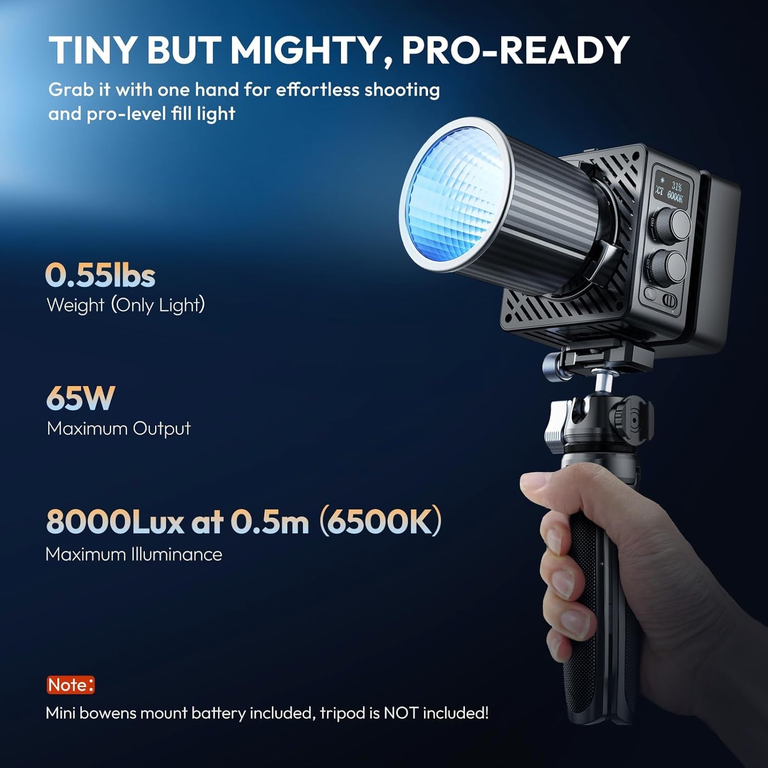 EC65 Video Light - 65W COB LED Video Light Mini Bi Color Portable Continuous Output Lighting with Battery & APP Control, 2700K-6500K CRI≥95 Bowens Mount Handheld Spotlight for Camera, Tripod