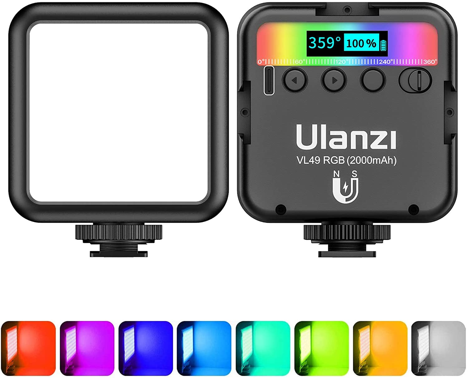 VL49 RGB Video Lights, LED Camera Light 360° Full Color Portable Photography Lighting W 3 Cold Shoe, 2000Mah Rechargeable CRI 95+ 2500-9000K Dimmable Panel Lamp Support Magnetic Attraction