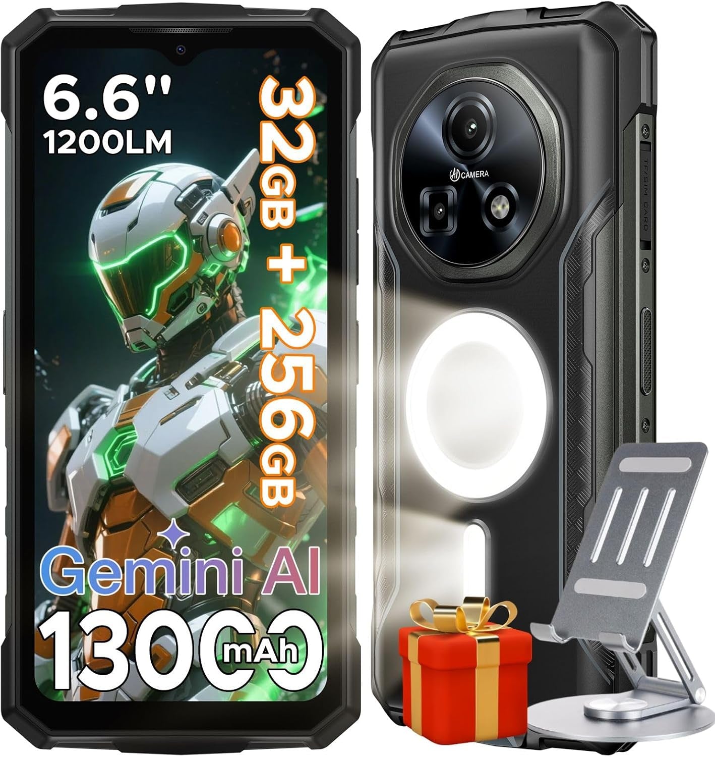 Fire 5 Ultra Rugged Phone,Dual Camping Lights,13000Mah,32Gb+256Gb/2Tb, Android 15 with Gemini AI Rugged Smartphone,Helio G81 Octa Core , 48Mp+8Mp,6.6"Hd+90Hz, IP68/IP69K, 4G LTE/NFC/3 Card Slot