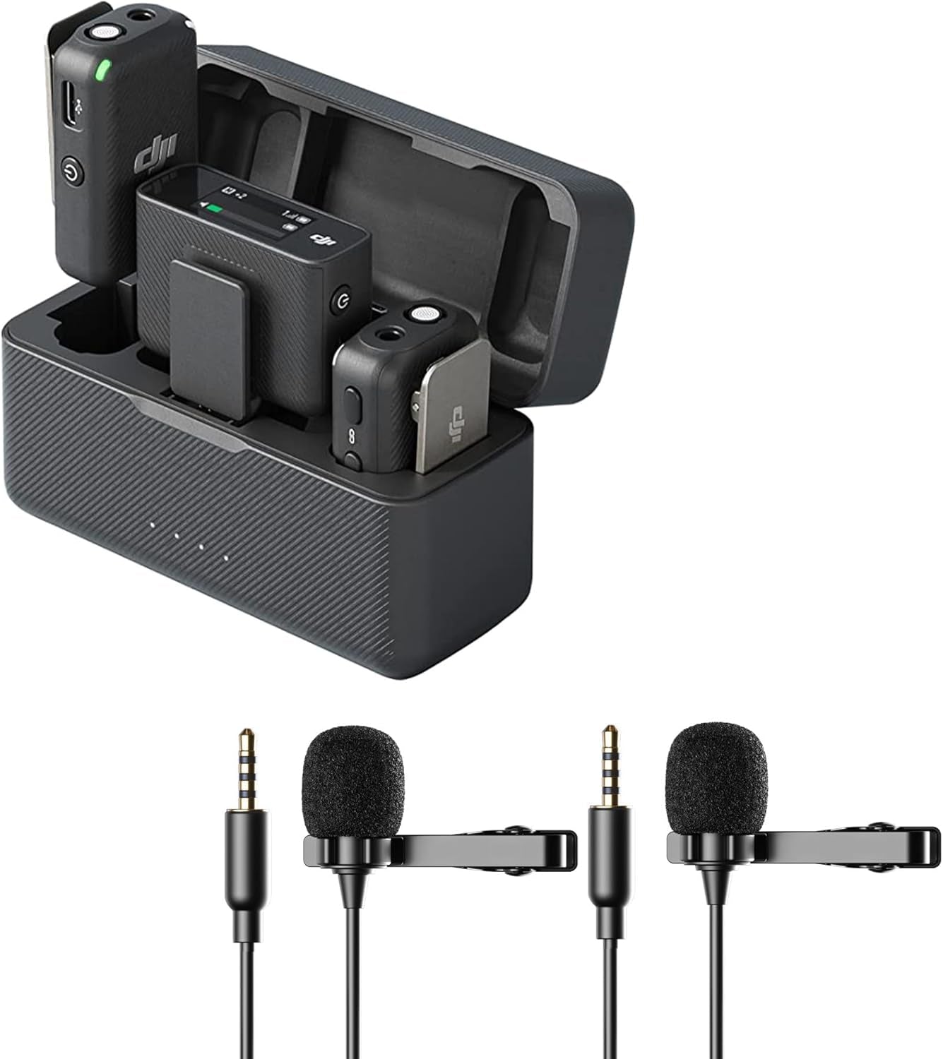 Mic 2-Person Compact OLED Touchscreen Wireless Mic System with Two Condenser Lavalier Microphones Bundle