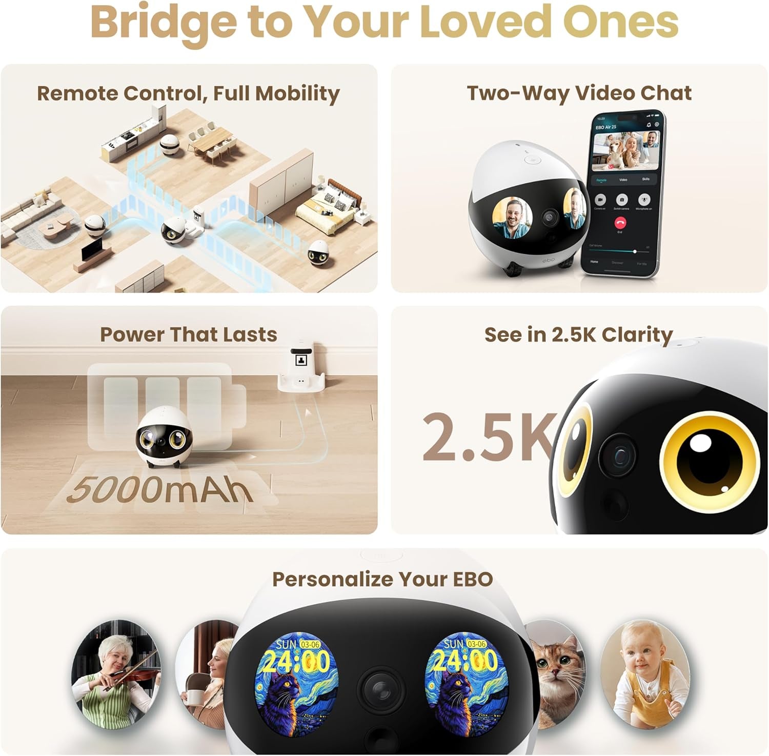 Air 2S Familybot Home Robot Camera: 2.5K Indoor Pet Cam, Movable Robot Camera, 2-Way Video, Auto-Recharge, Long Battery Life, Custom Facial Image, Night Vision