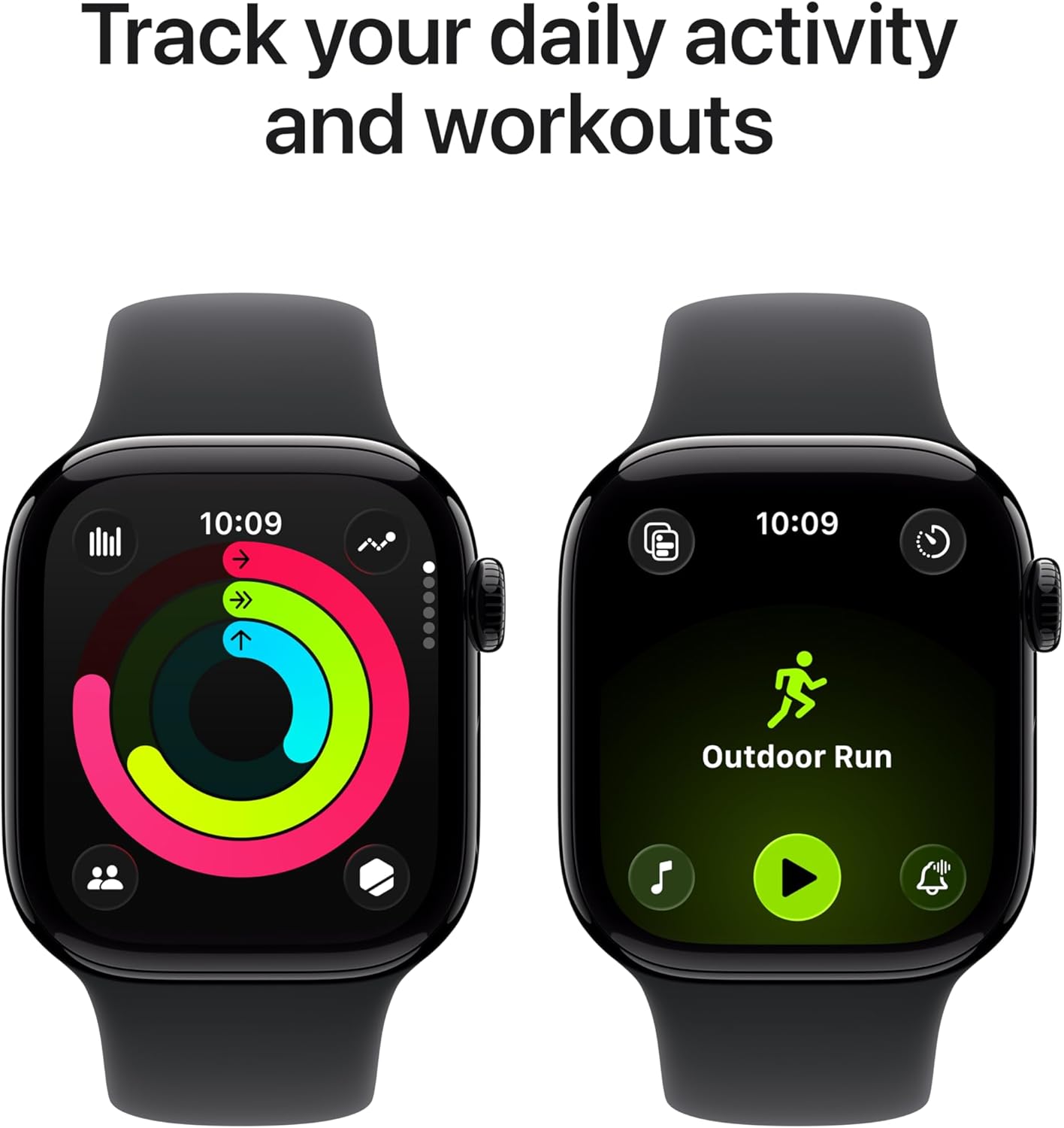 Dos pantallas de Apple Watch mostrando los anillos de actividad diaria y el modo de entrenamiento "Outdoor Run" para el seguimiento de ejercicio y salud.