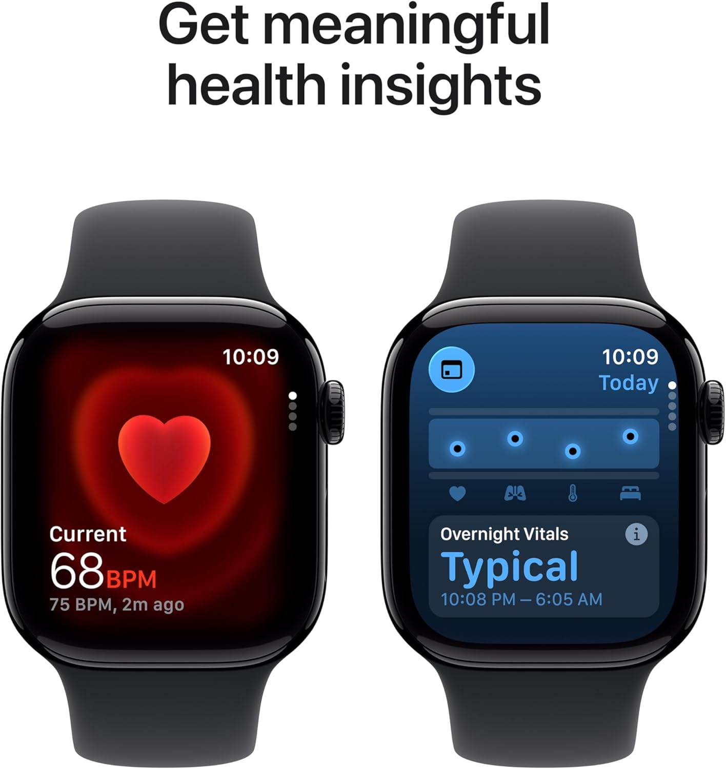 Dos pantallas de Apple Watch mostrando sensores de salud: frecuencia cardíaca en tiempo real (68 BPM) y monitoreo de constantes vitales nocturnas.