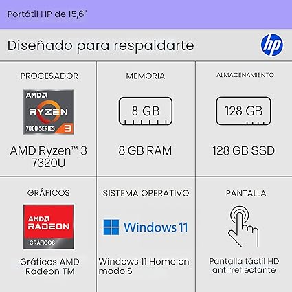 HP Portátil 15-fc0099nr Ryzen 3 7320U 8 GB RAM/SSD de 128 GB