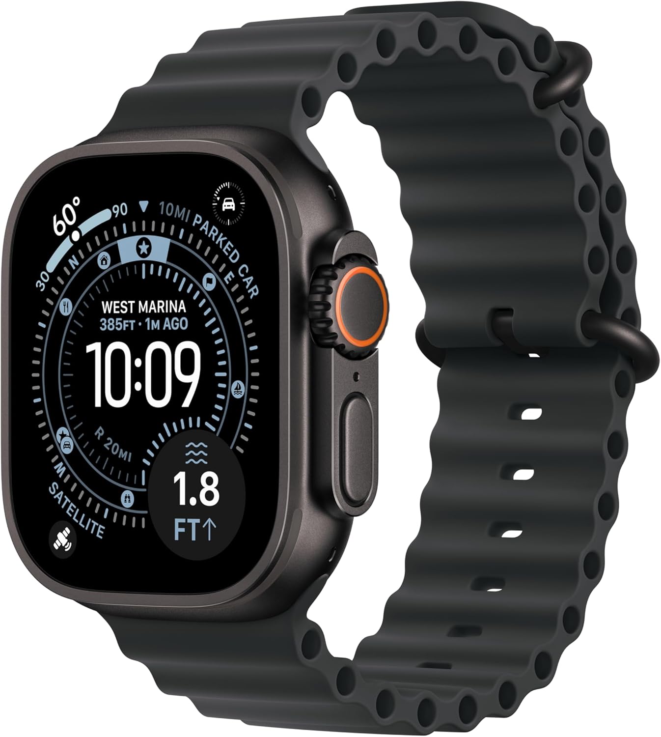 Apple Watch Ultra negro con correa Ocean negra, pantalla técnica con métricas de buceo y corona digital naranja en vista de tres cuartos.