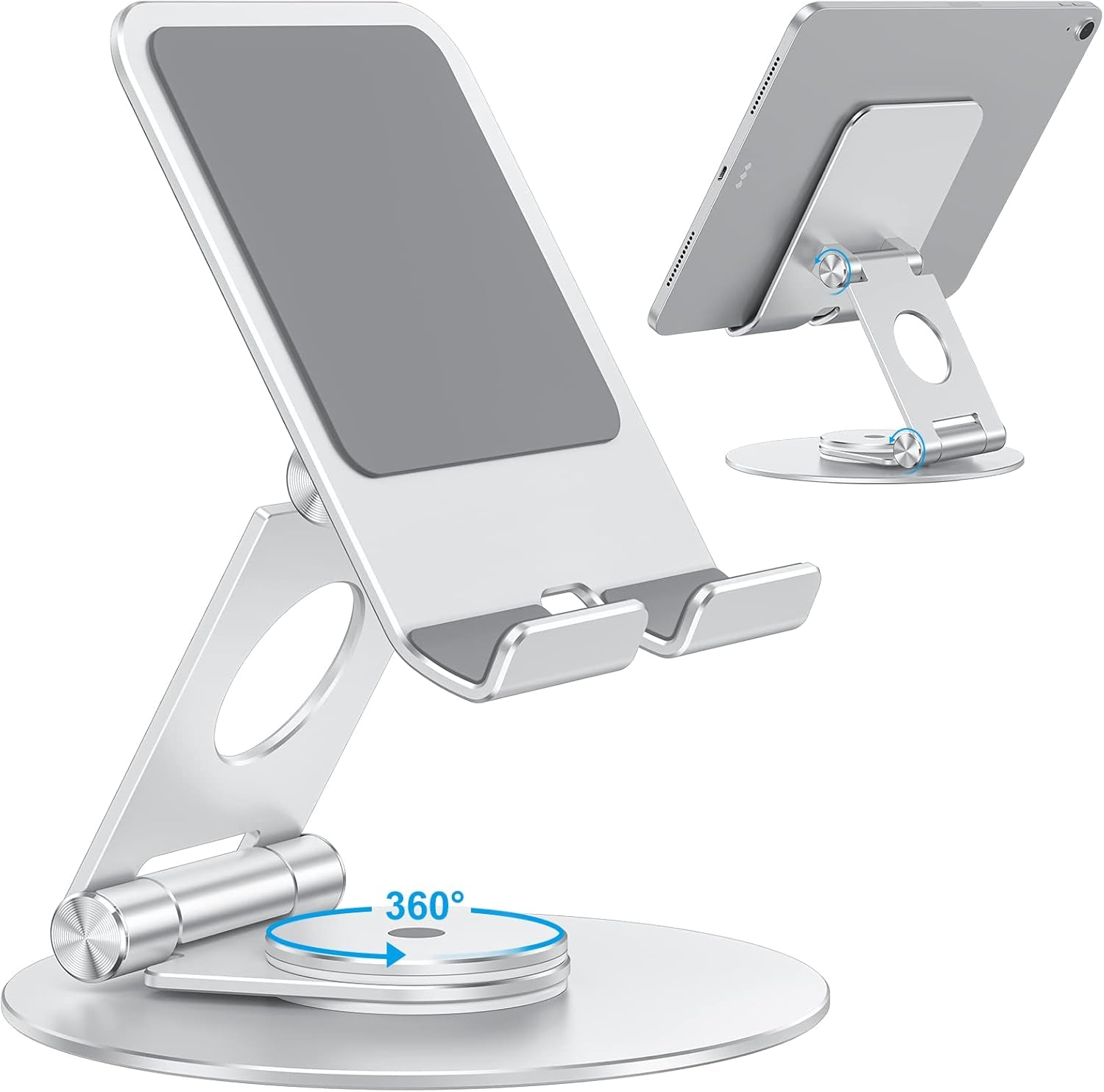 T6 Swivel Tablet Stand for Ipad with 360 Rotating Base, Foldable Adjustable Holder for Drawing, Compatible with Ipad Pro/Air/Mini and More, Silver