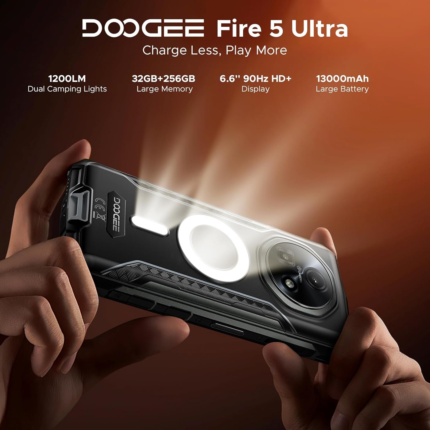 Fire 5 Ultra Rugged Phone,Dual Camping Lights,13000Mah,32Gb+256Gb/2Tb, Android 15 with Gemini AI Rugged Smartphone,Helio G81 Octa Core , 48Mp+8Mp,6.6"Hd+90Hz, IP68/IP69K, 4G LTE/NFC/3 Card Slot