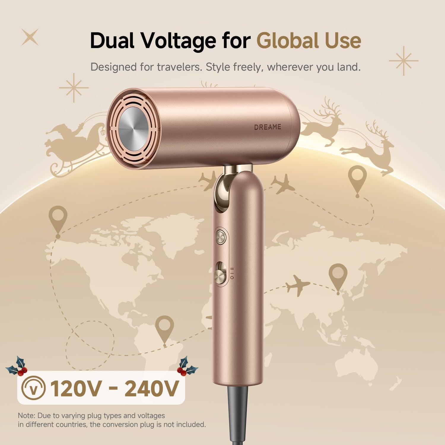 Pocket Pro Hair Dryer, Dual Voltage Travel Blow Dryer with Diffuser, 1300W Professional Highspeed Ionic Hair Blower, Fast Drying, Low Noise, Lightweight, No Heat Damage, Global Travel 120V/240V