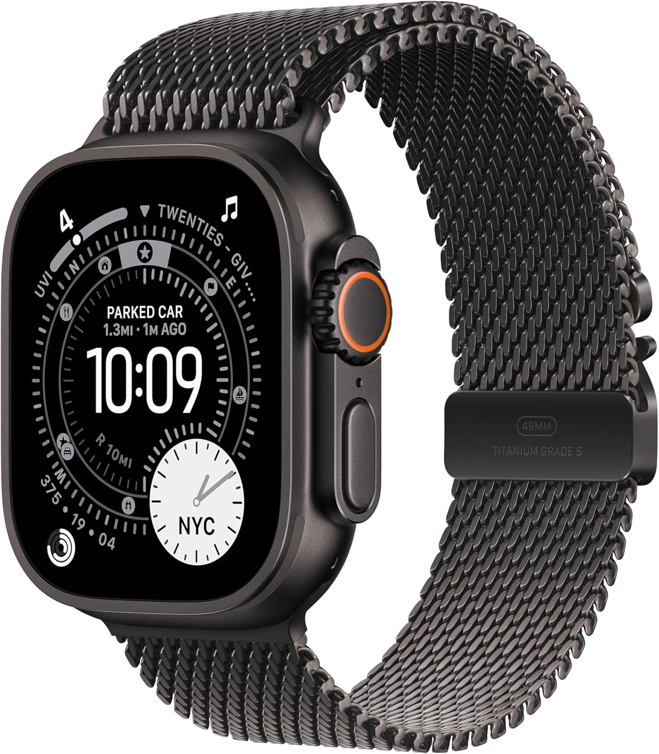 Apple Watch Ultra negro con correa Milanese de titanio grado 5, esfera técnica con brújula y corona digital naranja en vista lateral.
