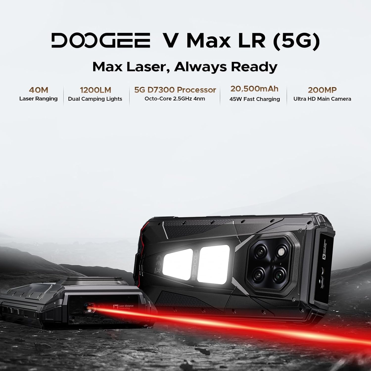 V Max LR 5G Rugged Phone with 40M Laser Ranging,36Gb+512Gb,200Mp+32Mp Camera,20500Mah/45W,Mtk 7300 Rugged Smartphone,6.78" Fhd+120Hz,1200Lm Dual Camping Lights,Waterproof/Wifi6E/Nfc/Widevine L1