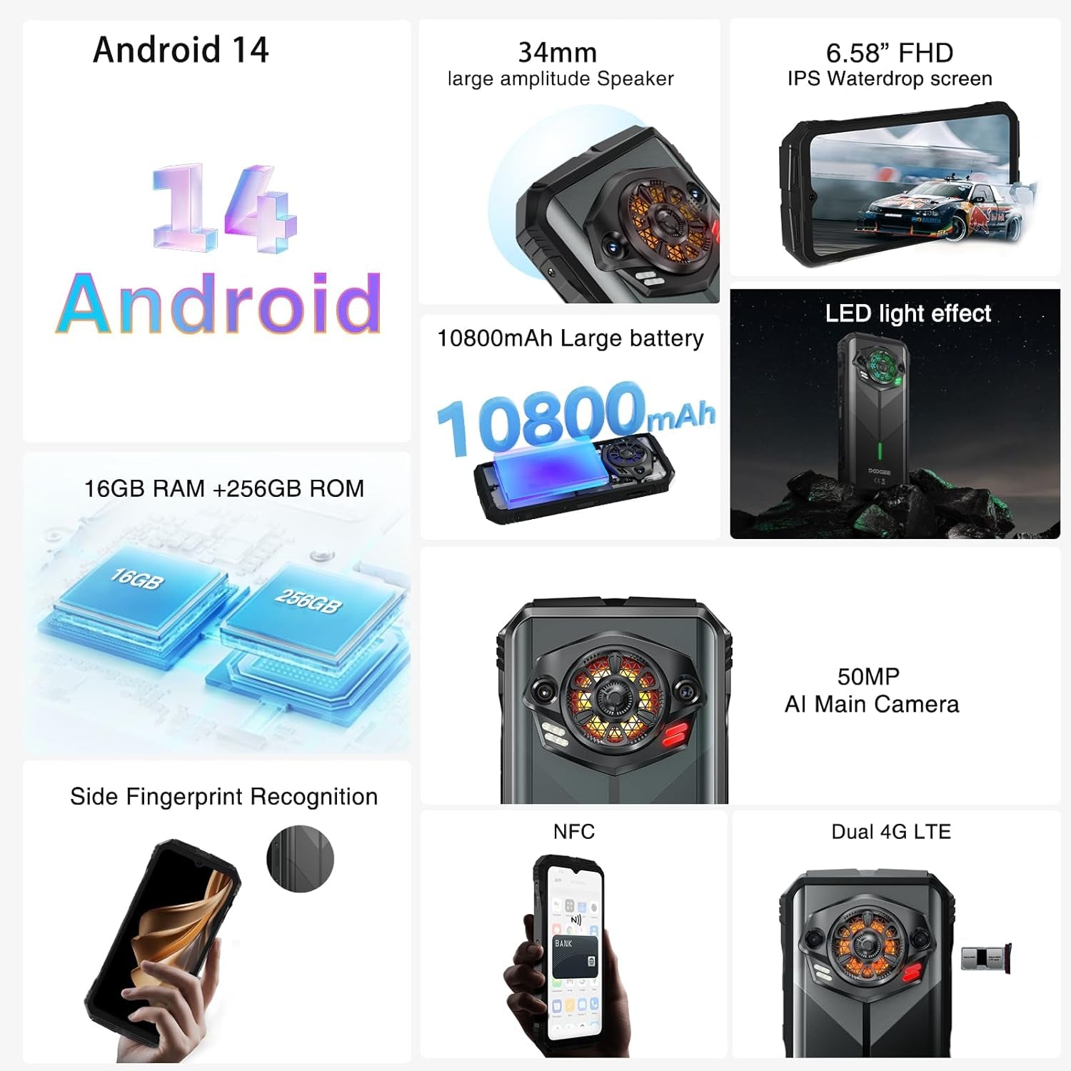 S Punk Rugged Smartphone Unlocked, 10800Mah Battery Rugged Phone, 16GB+256GB Cell Phone Android 14, 126Db Speaker, 6.58" Fhd+90Hz,50Mp+16Mp,Led Light/Dual Sim/Nfc/Otg/Face Id/Fingerprint, Dark