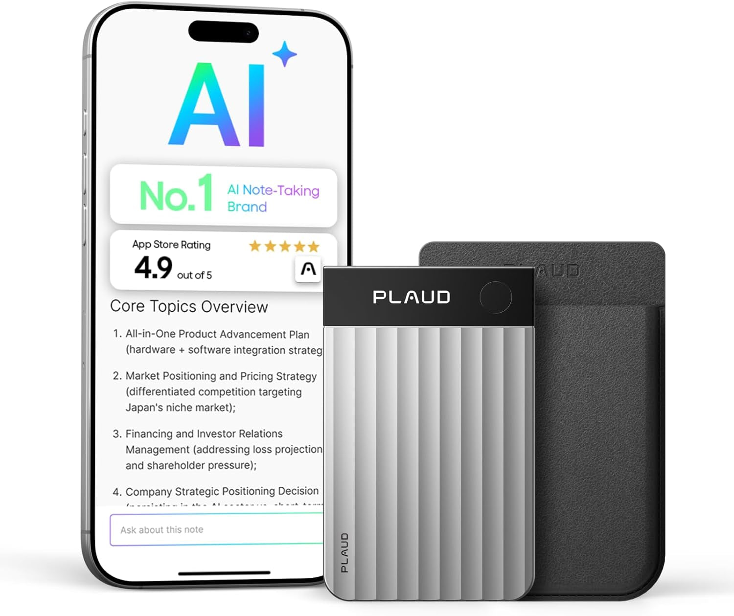 Note Pro AI Voice Recorder, Transcribe & Summarize with AI, App Control, Note Taker for Meetings & Calls, Supports 112 Languages, Ultra-Slim W/Instantview Display, Case Included, Silver