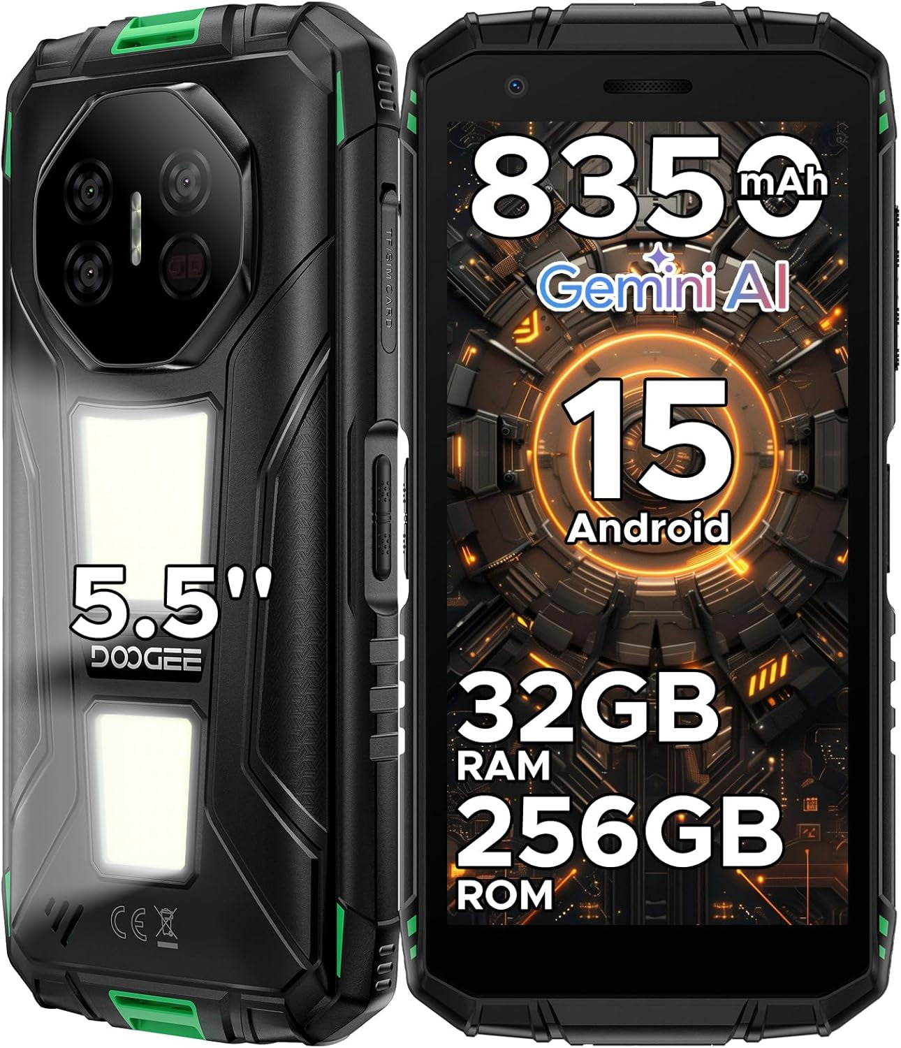 Fire 3 Max Rugged Phone Unlocked, 32GB+256GB/2TB Android 15 Rugged Smartphone, 8350Mah Battery Rugged Cell Phone with 5.5" HD Display, 48MP+20MP Night Vision, 2 Camping Lights, IP68/IP69K/GPS