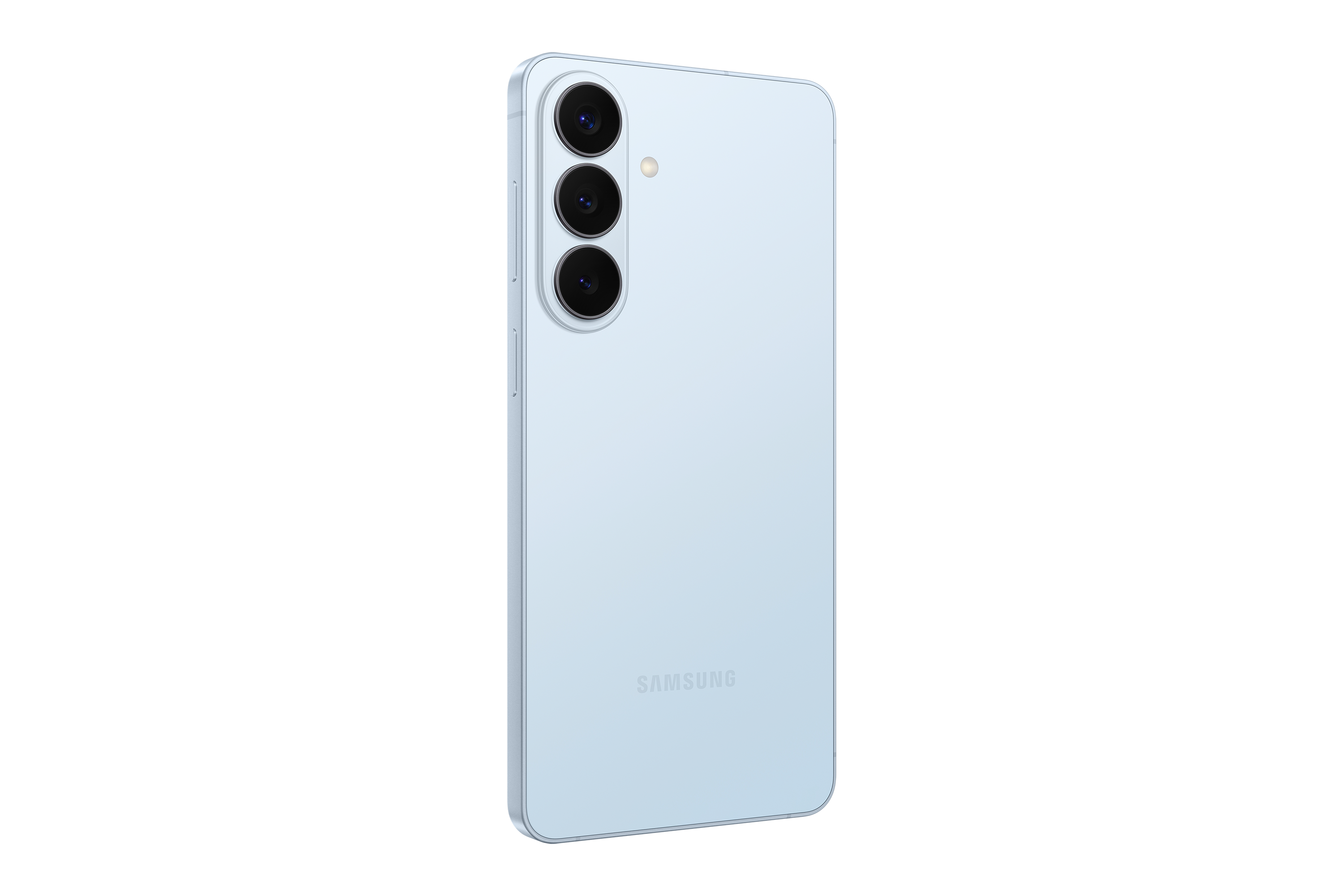 Samsung Galaxy S26 Plus azul cielo: trasera en ángulo y perfil con botones.