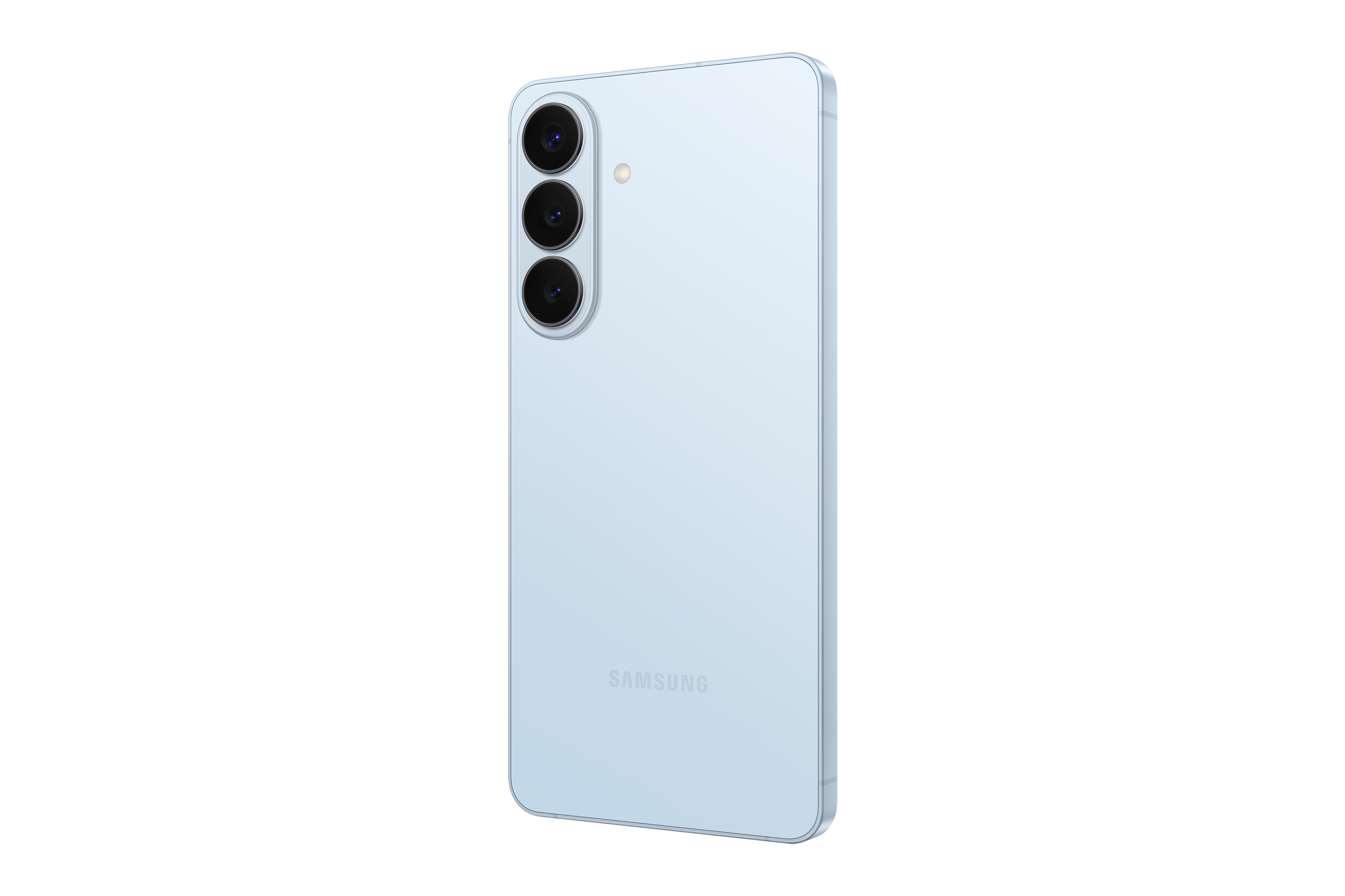 Samsung Galaxy S26 Plus azul cielo: vista trasera en ángulo y perfil lateral.