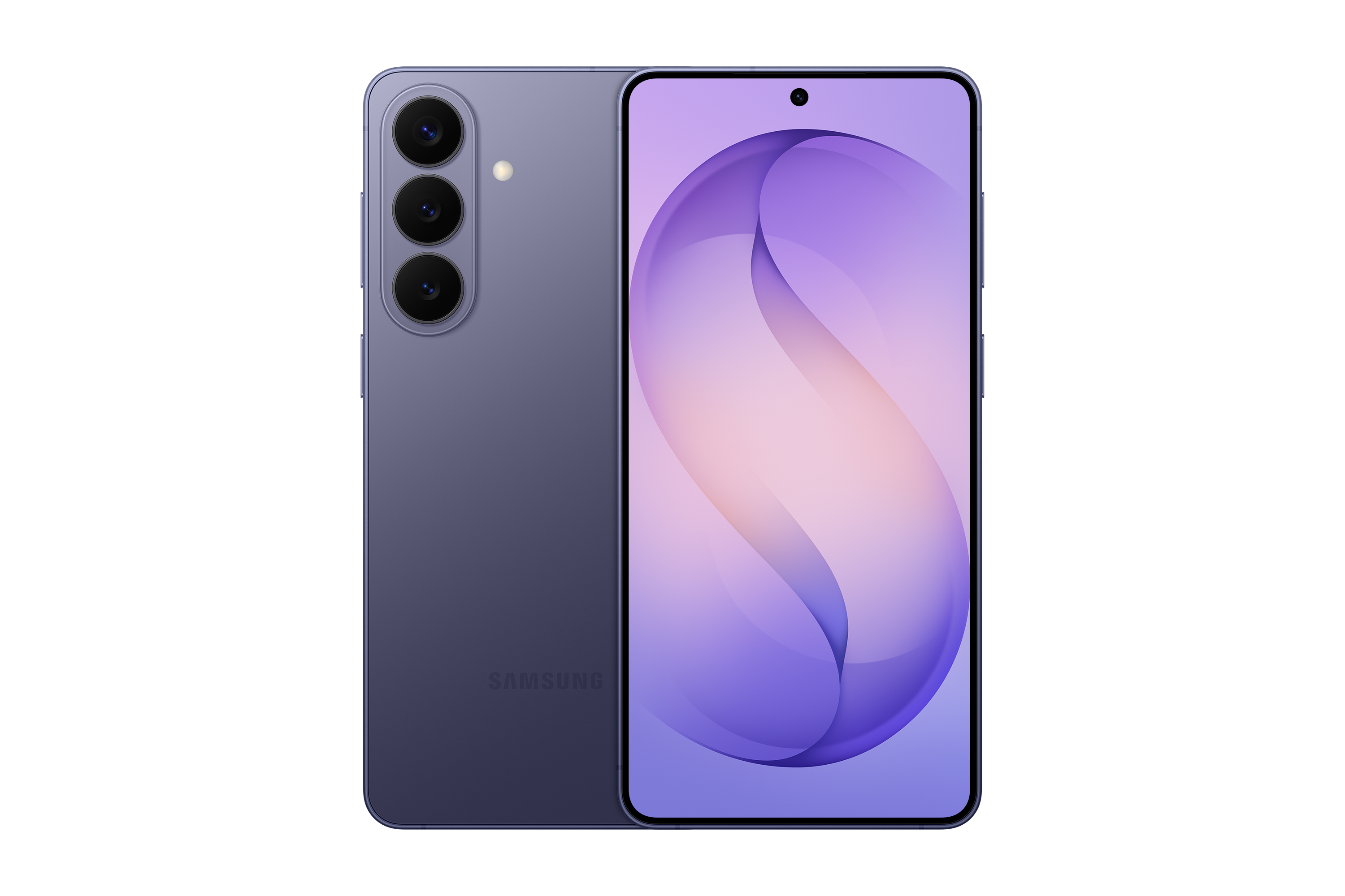 Samsung Galaxy S26 Plus violeta: vista trasera y pantalla frontal.