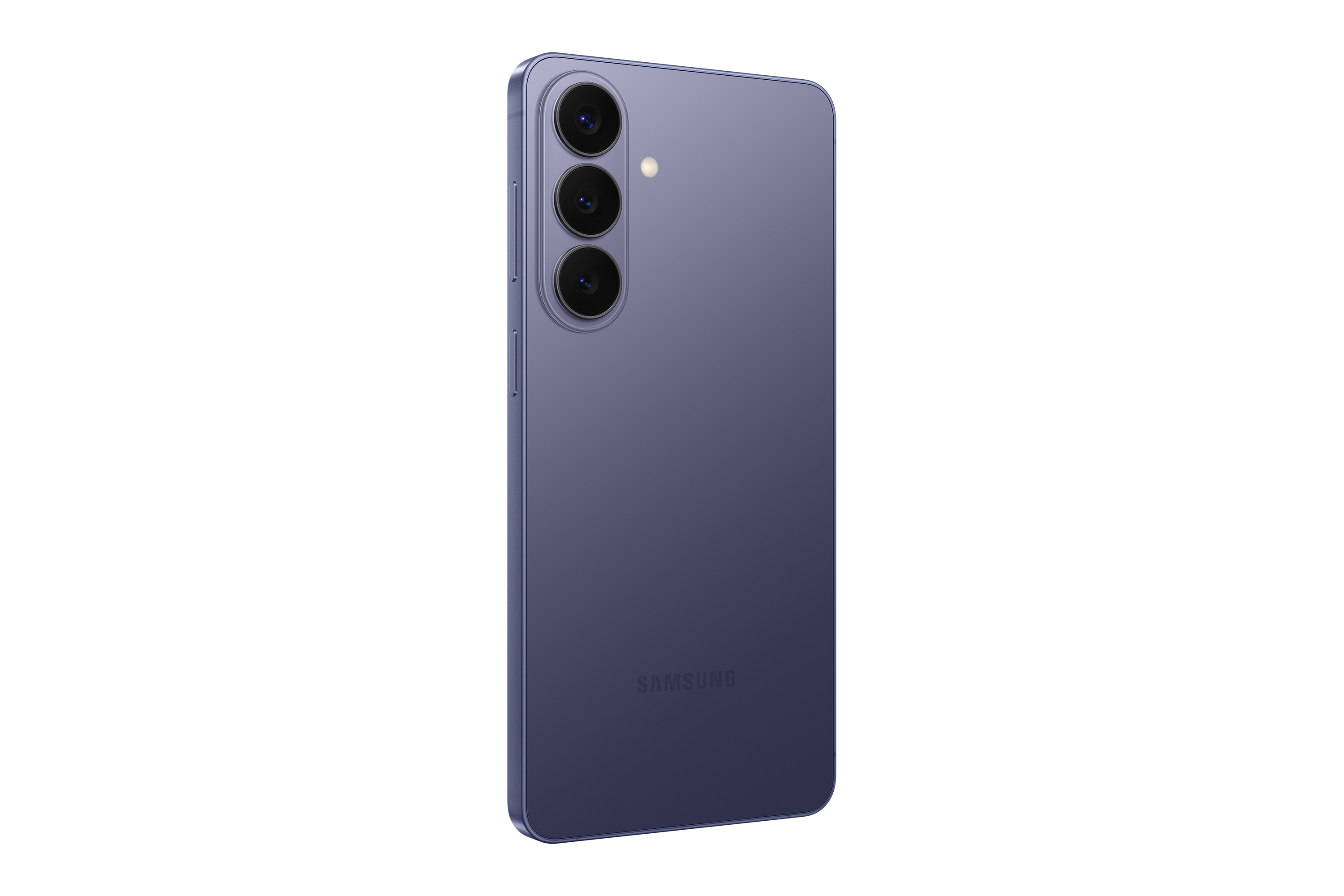 Samsung Galaxy S26 Plus violeta: vista trasera en ángulo y perfil con botones.