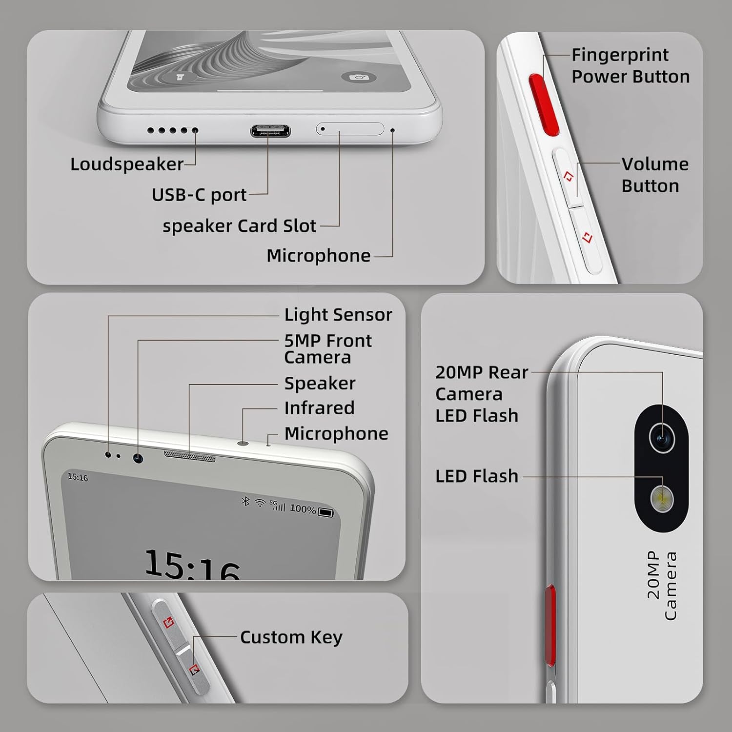 Hibreak Pro 6.13" Epaper Cell Phone 8+256 GB Android 14 OS Smart Phone,5G Dual SIM, GPS